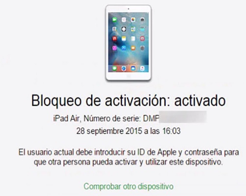 Bloqueo de activación activado en iPad