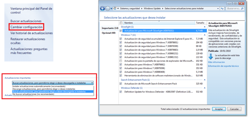Cambiar configuracion Windows Update 7