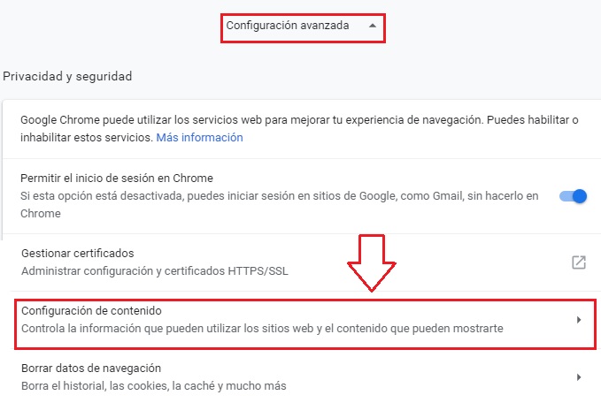 Chrome configuración avanzada privacidad configuración de contenido