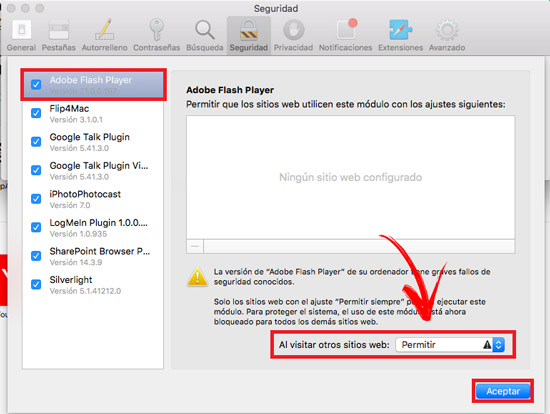 Como activar o desactivar Adobe Flash Player en Safari