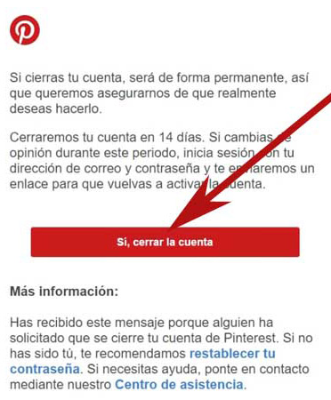 Confirmar cierre de cuenta Pinteres via correo electronico