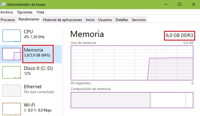 Conocer rendimiento porcentaje memoria RAM Windows 10