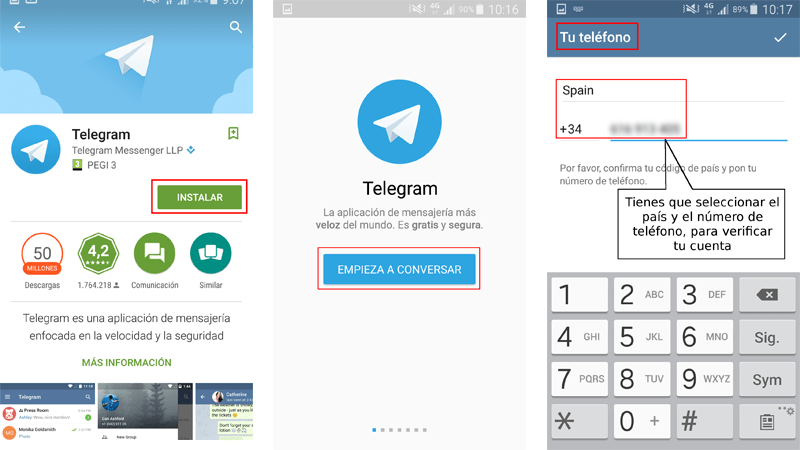 Crear cuenta Telegram Android