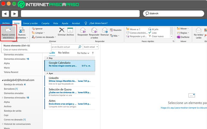 Crear nuevos correos en Outlook desde la app de escritrorio