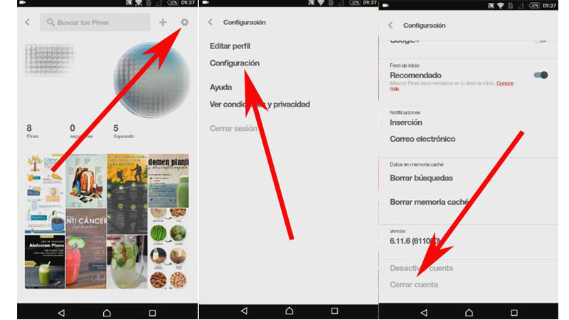 Desactivar borrar cuenta Pinterest desde móvil Android iOS