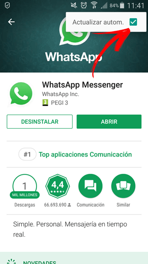 Desmarcar actualizaciones automaticas en Whatsapp Android