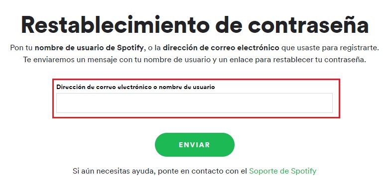 Direccion de correo electrónico para recuperar cuenta de Spotify