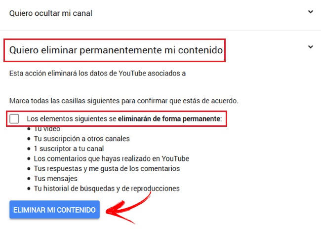 Eliminar contenido cuenta Youtube