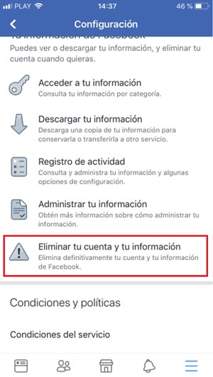 Eliminar tu cuenta y tu informacion Facebook Android iOS