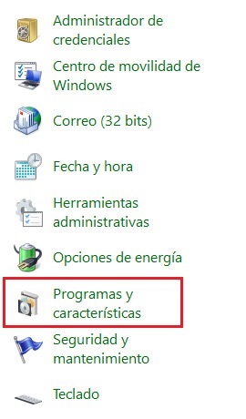 Entrar en programas y caracteristicas Windows 10