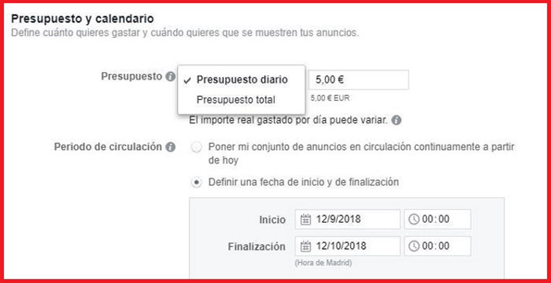 It is time to specify the budget and the period of circulation of your ads on FB