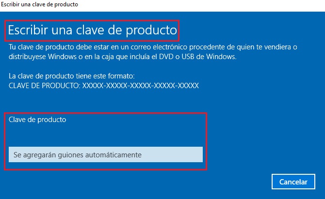 Escribir clave activación Windows 10