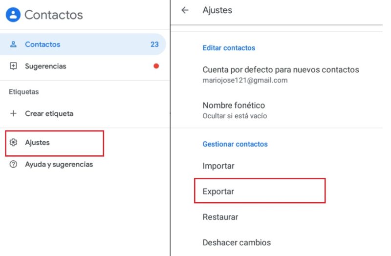 Exportar contactos desde Google Contacts