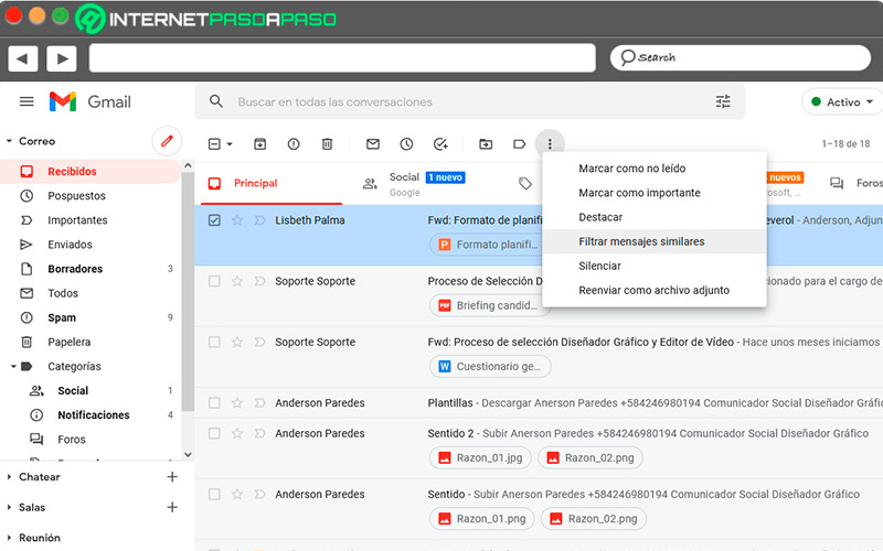 Filtrar mensajes desde la lista de correos en Gmail