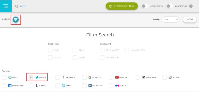 Filtros de búsqueda Social Searcher