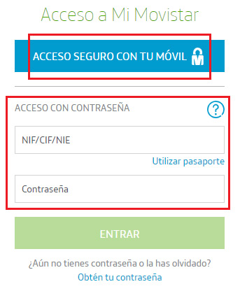 Formulario acceso seguro cuenta Movistar