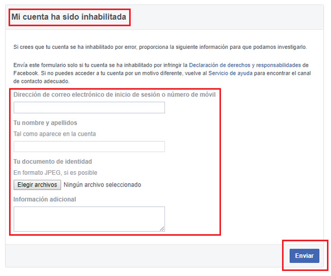 Facebook disabled account recovery form