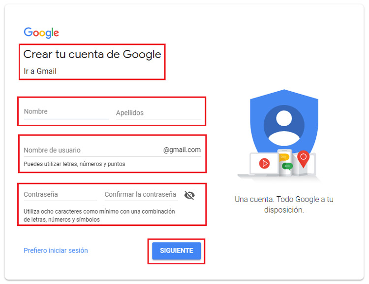 Formulario de registro cuenta de Gmail de Google