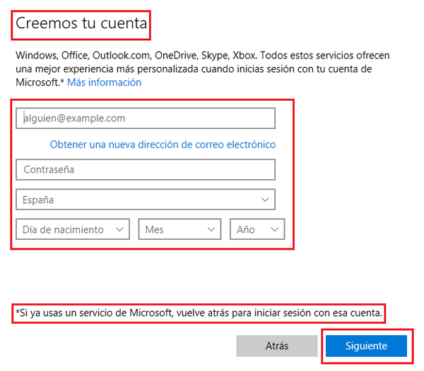 Formulario de registro cuentas Microsoft en Windows 10