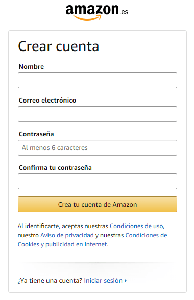 Formulario de registro nueva cuenta Amazon