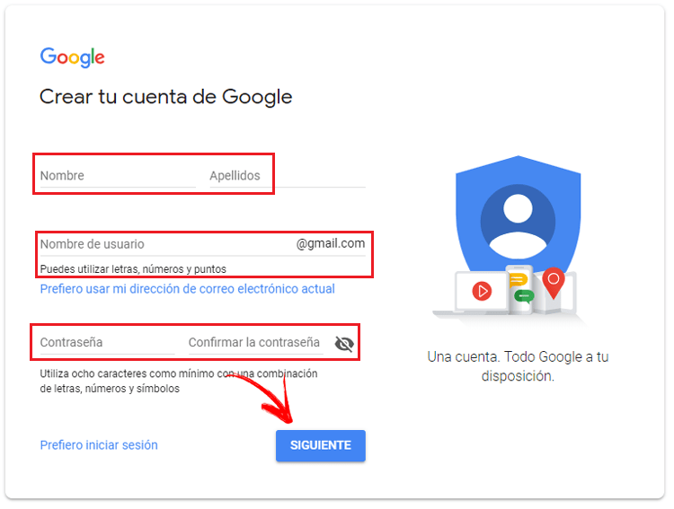 Formulario de registro para crear usuario Google Chrome