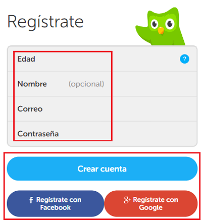 Formulario registro cuenta Duolingo