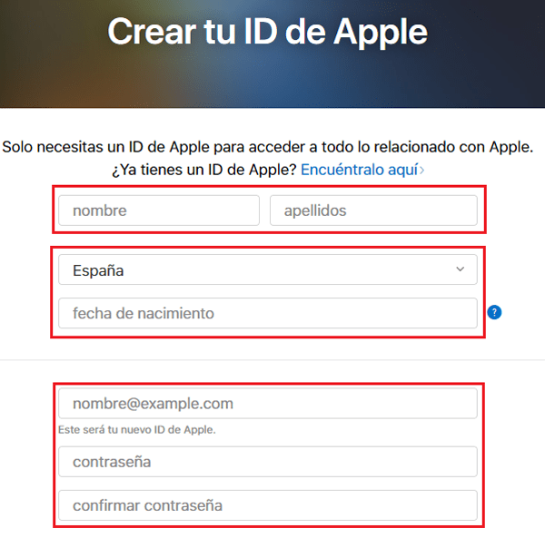 Formulario registro cuenta ID Apple para iTunes