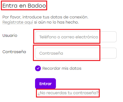 Formulario registro de acceso para entrar a Badoo