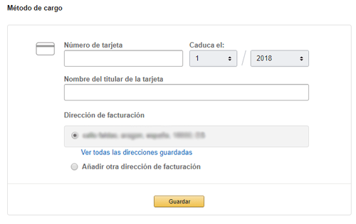 Formulario registro metodo de pago Amazon FBA