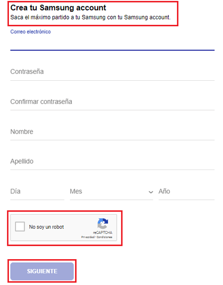 Formulario registro para crear una cuenta en Samsung APPs