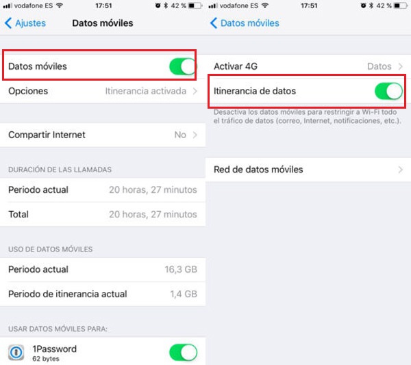 Habilitar itinerancia de datos en iPhone