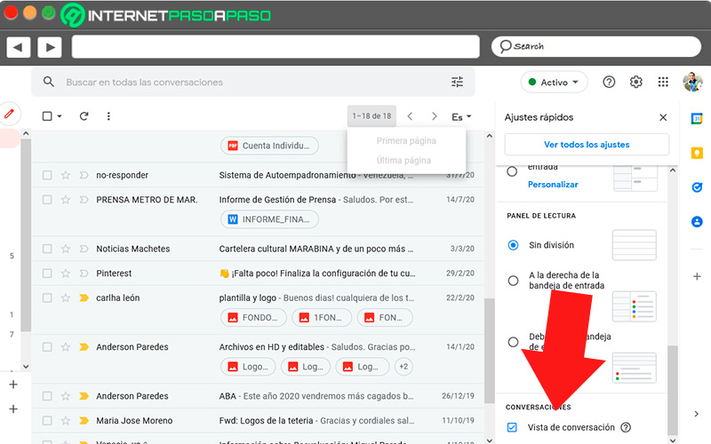 Habilitar modo de conversaciones en Gmail