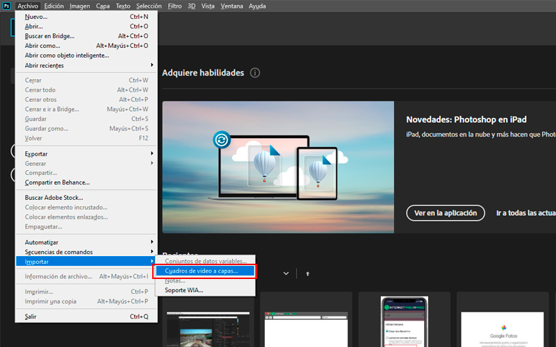 Importar vídeo con Adobe Photoshop