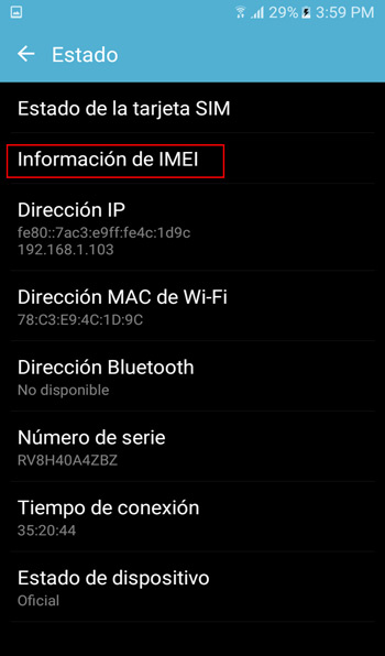 Información de IMEI Android