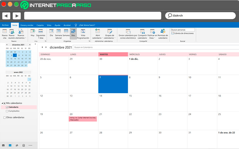 Interfaz de Calendar en Outlook