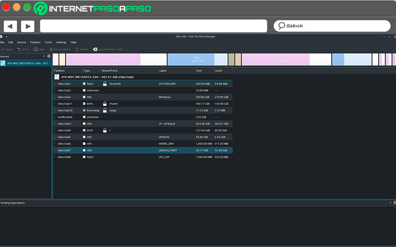 Interfaz de KDE Partition Manager en Linux