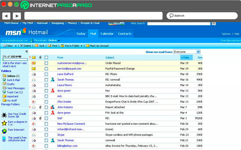 Interfaz de MSN Hotmail