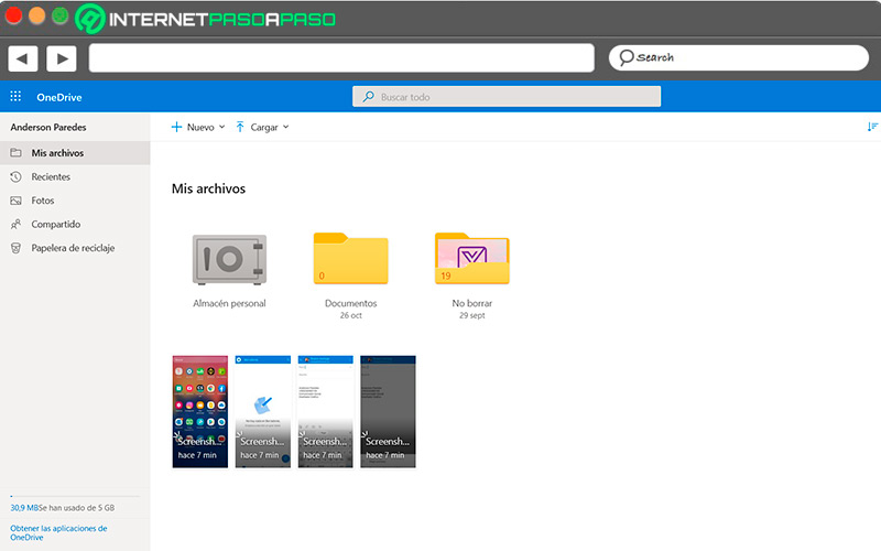 Interfaz de la web de OneDrive