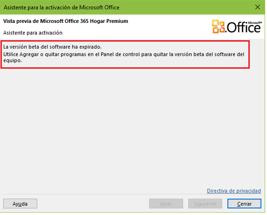La version beta del software a expirado Microsoft Office