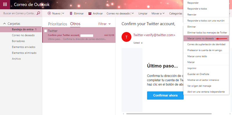 Marca correo no deseado Outlook