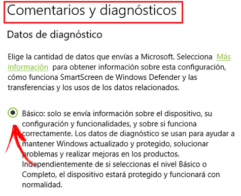 Marcar Basico Comentarios y Diagnostico Windows 10
