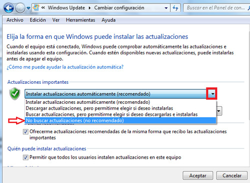 Marcar no buscar actualizaciones Windows Update