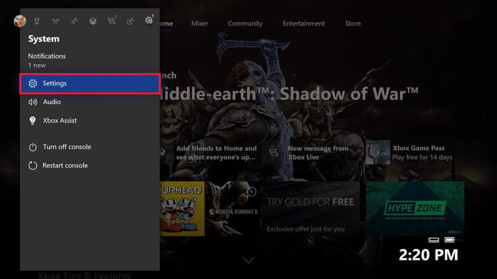 Menú de configuración de la Xbox One