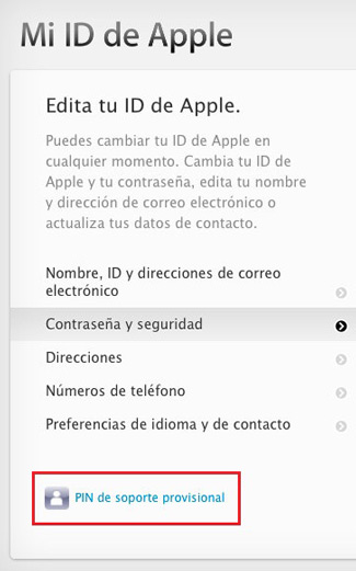 PIN de soporte provisional iCloud