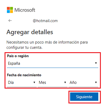 Pais o region y fecha de nacimiento cuentas Microsoft Windows ID