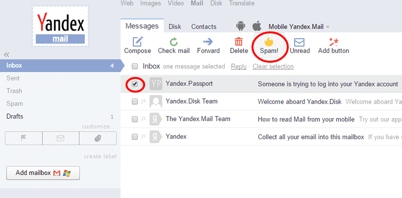 Panel de control Yandex Mail