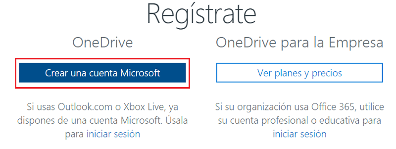 Paso 2 para registro de cuenta OneDrive
