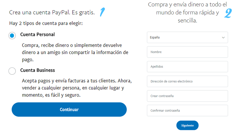 Paso a seguir para registrar una nueva cuenta en PayPal