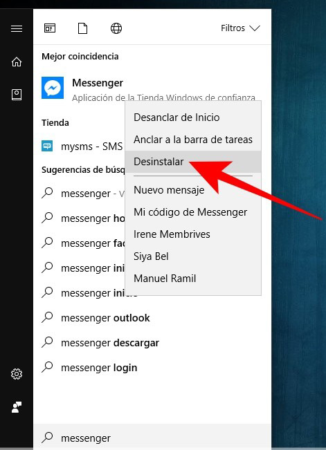 Pasos Desinstalar Facebook Messenger de Windows 10