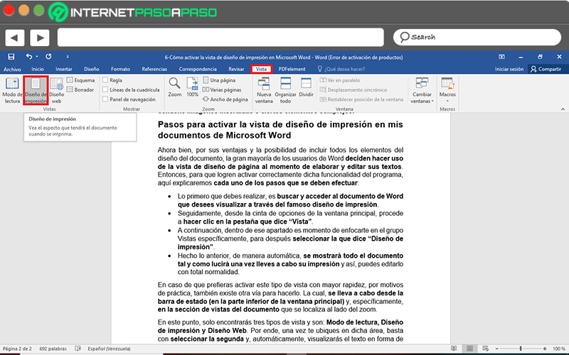 Pasos para activar la vista de diseño de impresión en mis documentos de Microsoft Word